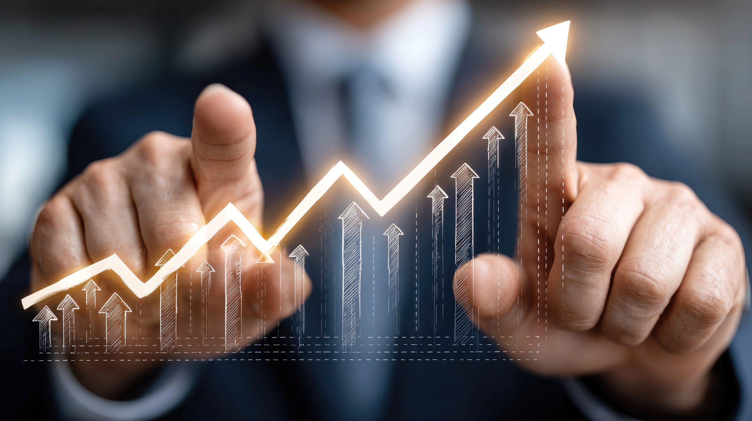 financial growth: a determined businessperson traces a glowing upward trendline, representing financial success, embodying concepts of investment, progress, and strategic planning.
