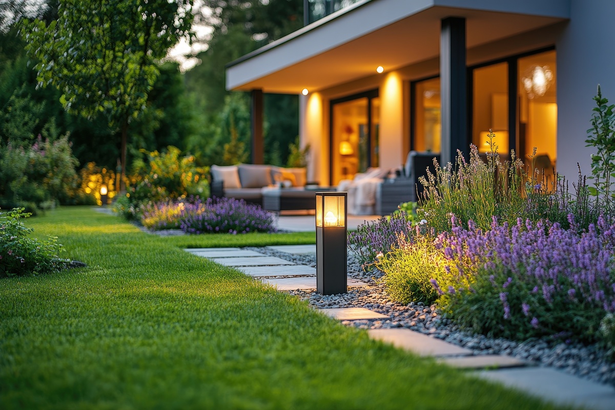 modern garden lighting illuminating backyard of luxury home at dusk