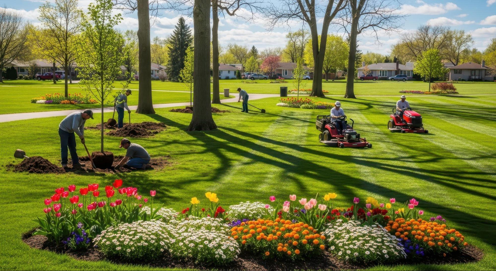 A park with multiple people working on the landscape